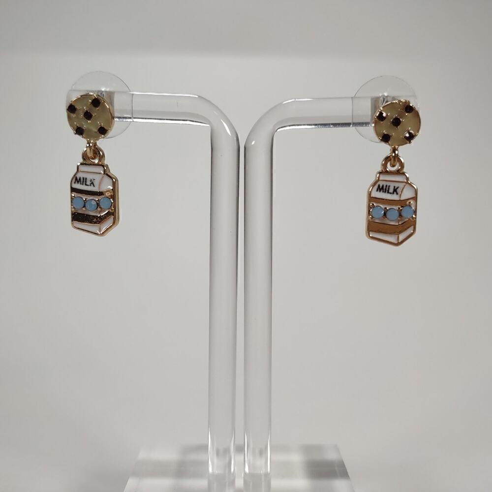 Enamel Gold Tone Milk And Cookies Pierced Ear Stud Earrings